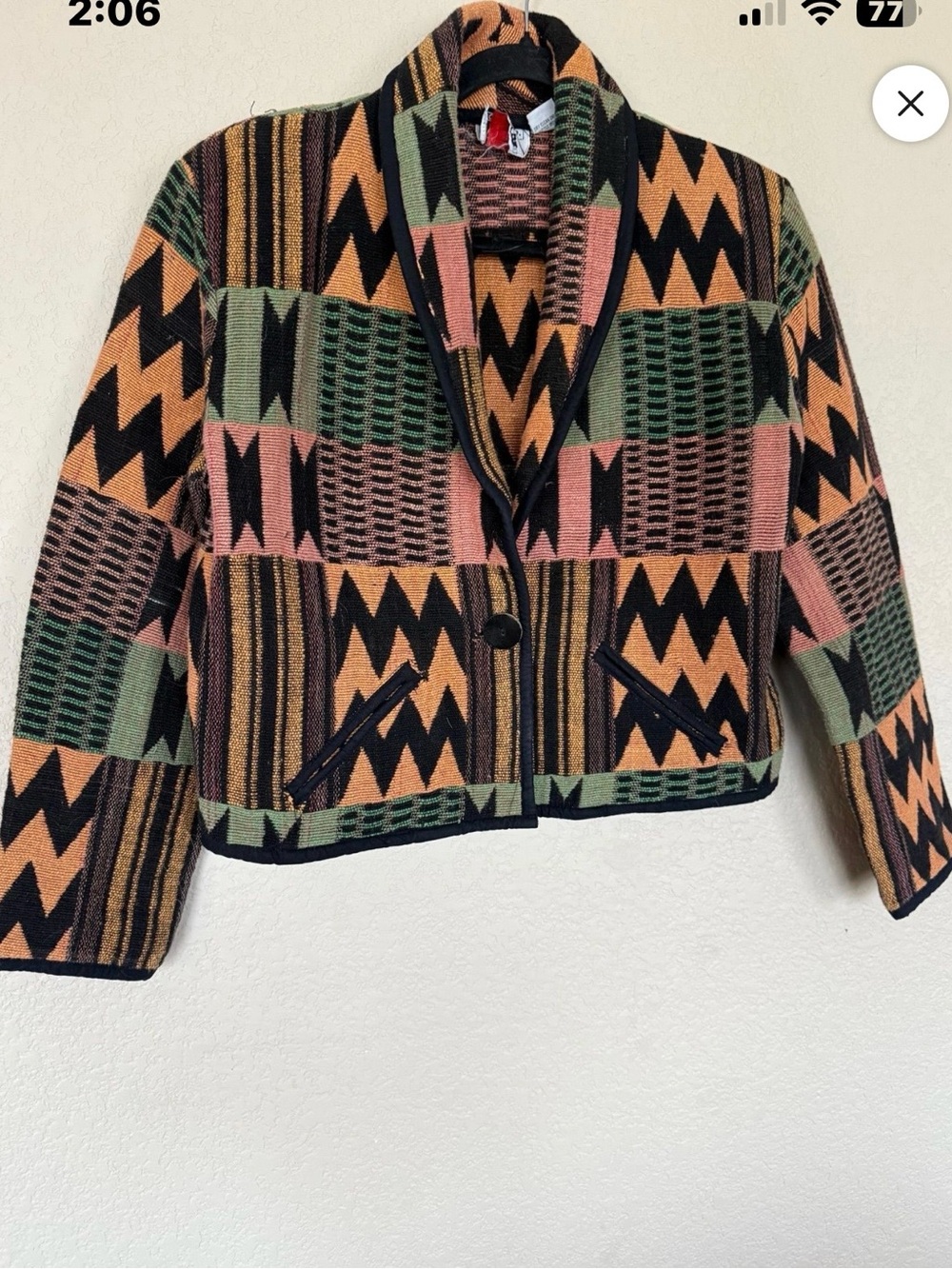 Vintage Western Geometric Patchwork Cropped Blazer in Orange, Green & Pink